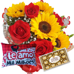 Mini buquê com 4 Rosas Vermelhas e 4 Girassóis + Chocolate 12un+Almofada 20x30