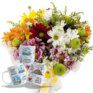 Mini Buquê com Flores Campestres+1Caneca Polímero 325ml