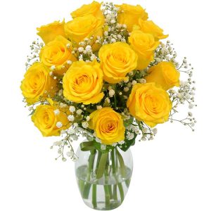Arranjo no Vaso P Vidro com 12 Rosas Amarelas