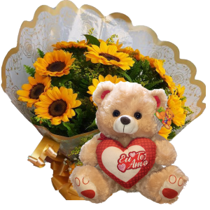 BUQUÊ COM 08 GIRASSÓIS+URSO 30CM "EU TE AMO"