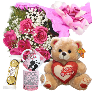 Mini buquê com 6 Rosas Pink+Urso 30cm "Eu te Amo"+1Caneca "Você Foi a melhor coisa..."+Chocolate 3un