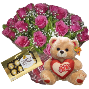 Buquê 12 rosas Pink+Chocolate 8un+Urso 30cm "Eu te Amo"