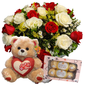 Buquê 12 Rosas Vermelhas e Brancas+Urso Pelúcia "Eu te amo" 30cm+Chocolate 6un