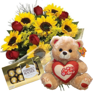 Buquê com 8 rosas vermelhas e 8 girassóis+Chocolate 8un+Urso 30cm "Eu te Amo"
