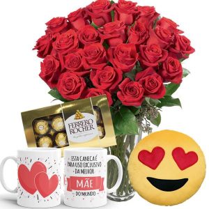 Arranjo no Vaso G com 24 Rosas Vermelhas+Chocolate 8un+Emoji Apaixonado +1Caneca Exclusiva melhor Mãe