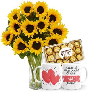 Arranjo no Vaso G com 12 girassóis+Chocolate 12un+1Caneca Exclusiva melhor Mãe