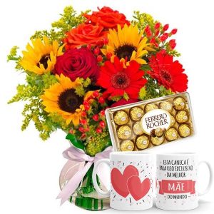 Arranjo no Vaso P com Rosas, Gérberas e Girassóis+Chocolate 12un+Caneca de Mãe