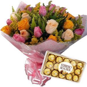 Buquê 12 Rosas Chá, Amarelas e Rosas+Chocolate 12un