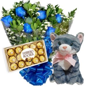 Mini Buquê com 6 Rosas azuis+Pelúcia Cinza 25cm+Chocolate 12un