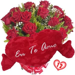 Buquê 12 Rosas Vermelhas + Coração Pelucia "Eu Te Amo" 62x34