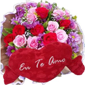Buquê 12 Rosas Vermelhas e Rosa e Margaridas+Coração Pelúcia "Eu Te Amo" 62x34