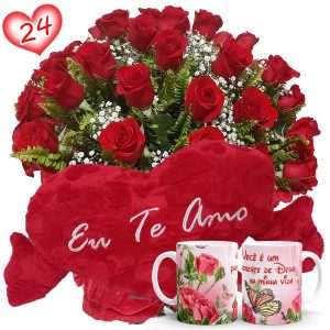 Buquê 24 Rosas Vermelhas+Coração Pelúcia "Eu Te Amo" 62x34+1Caneca (Rosas) Você é um presente de Deus...
