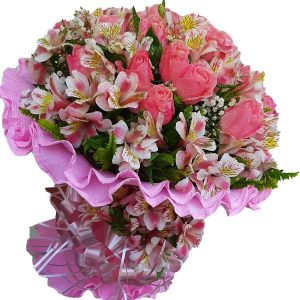 Buquê com Rosas cor Rosa e Astromélias Rosa(No Crepon)