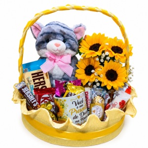 Cesta com 4 Girassóis+Gatinha de Pelúcia 25cm +Caneca de Porcelana 325ml+Chocolate Variados