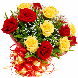 Buquê com 12 Rosas Vermelhas e Amarelas