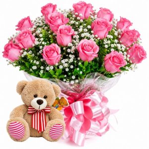 Buquê com 12 Rosas cor Rosa+Urso Pelúcia 18cm