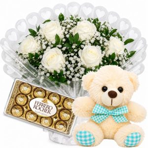 Mini Buquê 6 Rosas Brancas+Chocolate 8un+Urso Pelúcia  Laço Azul18cm