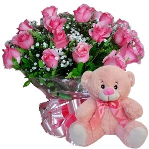 Buquê com 12 Rosas cor Rosa+Urso Pelúcia Rosa 25cm
