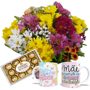 Buquê com flores campestres+Chocolate 12un+1Caneca "Feliz dia das Mães"
