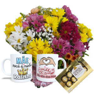 Buquê com Flores Campestres+Chocolate 8un+ 1CANECA MÃE REF-NV05