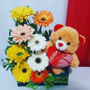Ikebana com 8 Gérberas Coloridas+Urso 20cm Coração "Amor"