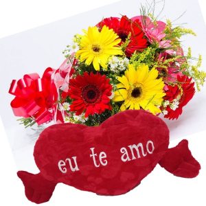 Mini Buque com 6 Gérberas Coloridas+Coração "Eu Te Amo" 62x34
