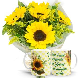 Mini Buquê com 5 Girassóis + Caneca Girassol "Você é um presente de Deus..."