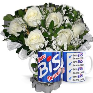 Mini Buquê com 6 Rosas Brancas+1Caneca BIS
