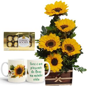Ikebana com Girassóis+Chocolate 8un+1Caneca "Você é um presente de Deus"