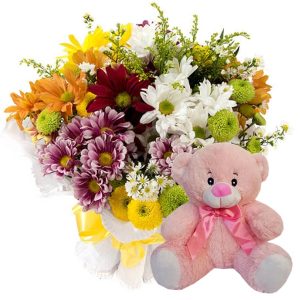 Mini Buquê com Flores Campestres+Ursinho Pelúcia Rosa 25cm