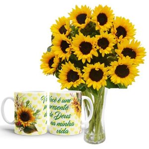 ARRANJO NO G COM 12 GIRASSOIS+CANECA "VOCE É UM PRESENTE DE DEUS"