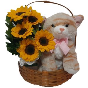 Cesta com 5 Girassóis+Gatinha Pelúcia 25cm