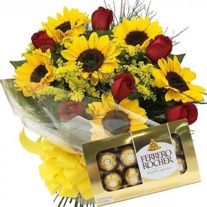 Buquê com 8 Rosas Vermelhas e 8 Girassóis+Chocolate 8un