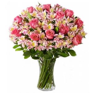 Arranjo no Vaso G com 12 Rosas cor Rosa e Astromelias Rosa