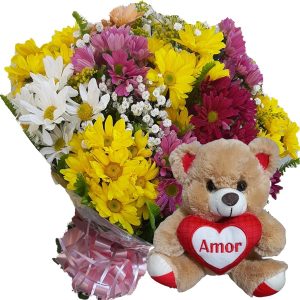 Buque com Flores Campestre+Urso Coração Amor 20cm