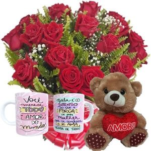 Buquê com 12 Rosas Vermelhas+1Caneca Mulher+Urso Coração Amor 20cm