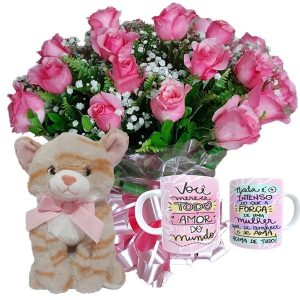 Buquê 12 Rosas Cor Rosa+Gatinha 25cm+Caneca Mulher