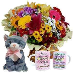 Buquê Flores do Campo Nobre+Gatinha 25cm+1Caneca Mulher