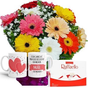 Buquê 12 Gérberas Coloridas+Chocolate Rafaello 9un+1Caneca Exclusiva Mãe