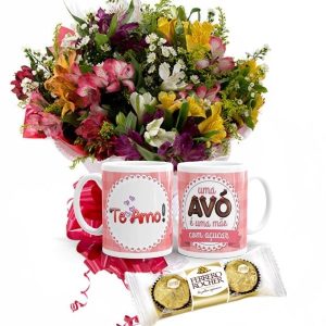 Mini Buquê com Astromélias Coloridas+1Caneca "Vó mãe com açucar'"+Chocolate 3un