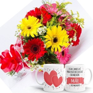 Mini Buque com 6 Gérberas Coloridas+1Caneca Exclusiva Melhor Mãe