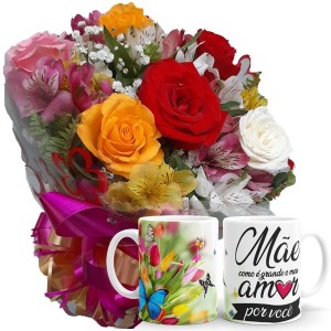 Mini Buque com 6 Rosas e Astromélias Coloridas+1Caneca MÃE como e grande...