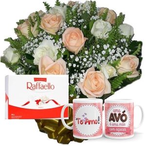 Buquê com 12 Rosas Brancas e Chá+Rafaello 9un+1Caneca "Vó Mãe com açucar"