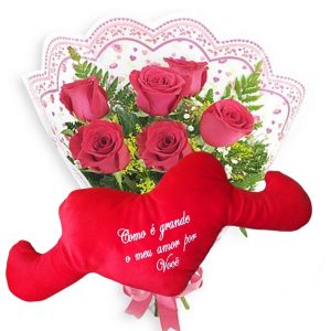 Mini buquê 6 Rosas Vermelhas+Coração Pelúcia "Como é grande meu..." 65x30