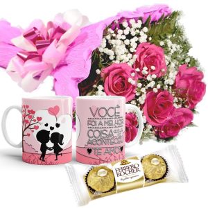 Mini Buquê com 6 Rosas Pink+Caneca "Você foi a melhor coisa..."+Chocolate 3un