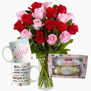 Arranjo no Vaso G com 24 Rosas Vermelhas e Cor Rosa+Caneca Mães 325ml+Chocolate 6un