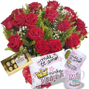 Buquê com 12 Rosas Vermelhas+Almofada 20x30+Caneca Mãe+Chocolate 8un