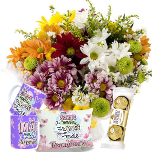 Mini Buquê com Flores Campestres+Caneca Mães(1un)+Chocolate 3un